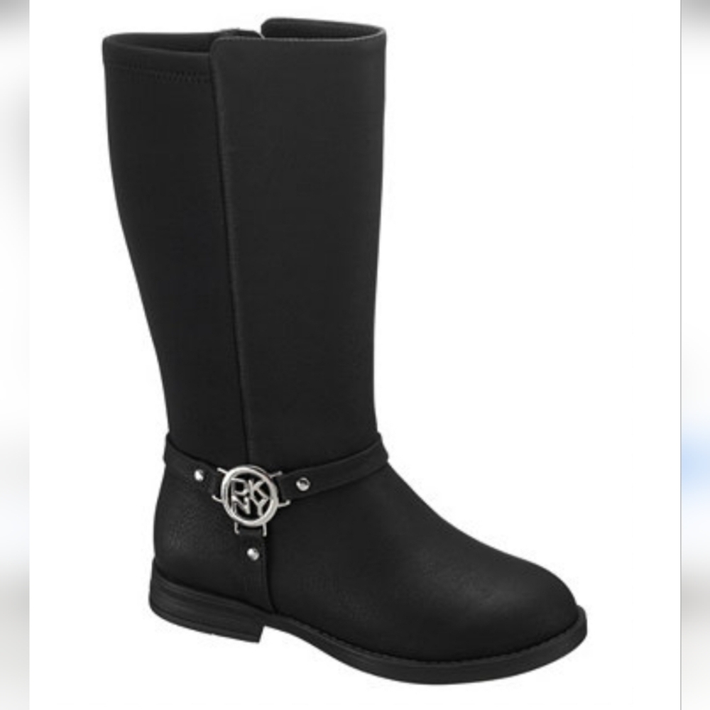 DKNY Girls' Emma Black Faux Leather Textile Harness Boots, Sz 1